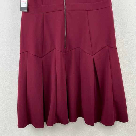 Karl Lagerfeld Crepe Square Neck Short Sleeve Pleated Mini Dress Maroon 10 NWT - Picture 9 of 13
